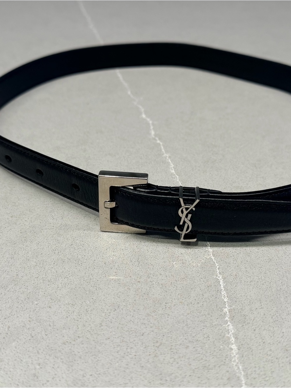 Saint Laurent Black Leather Slim Belt with Silver YSL Charm